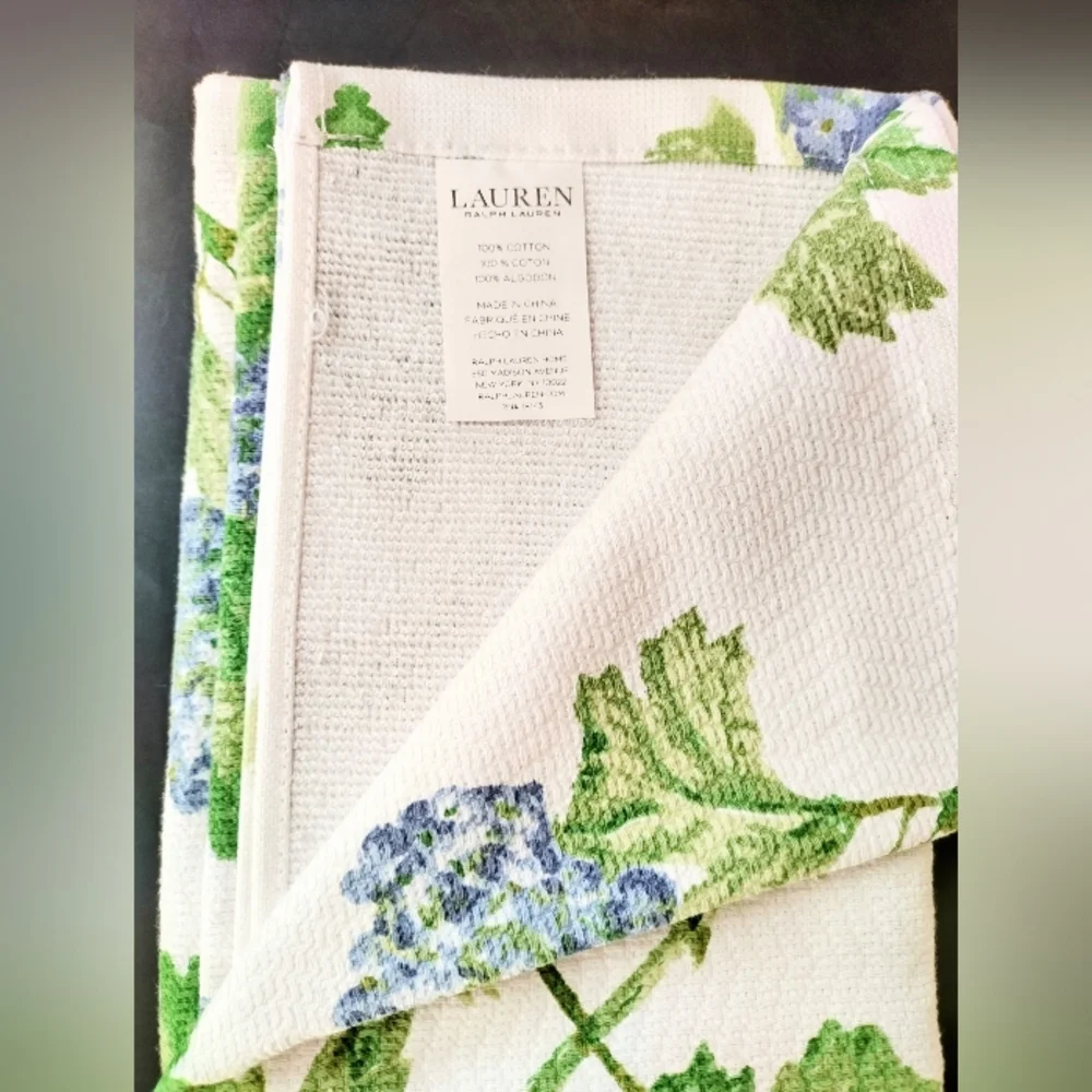 Ralph Lauren Kitchen Towel Set of 2 Blue Hydrangea Flowers 100% Cotton New